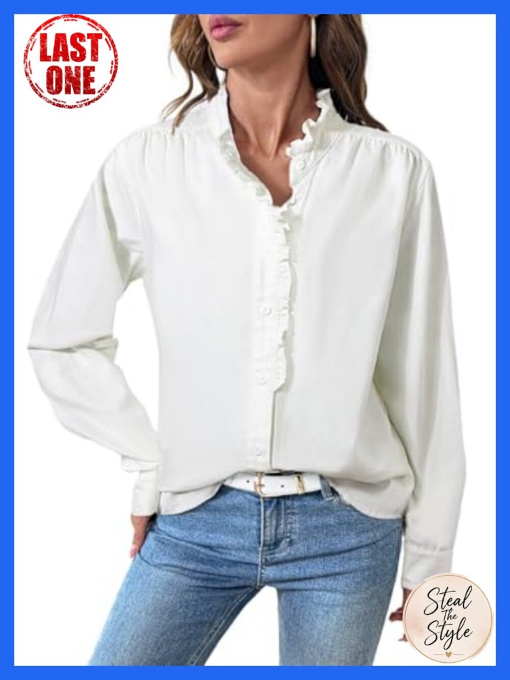 Denim Button Down Shirt with Ruffled Edge Long Sleeve
